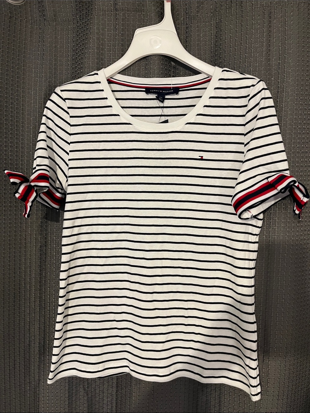 Tommy Hilfiger White Navy Striped Tee with Red Tie-Sleeves Large